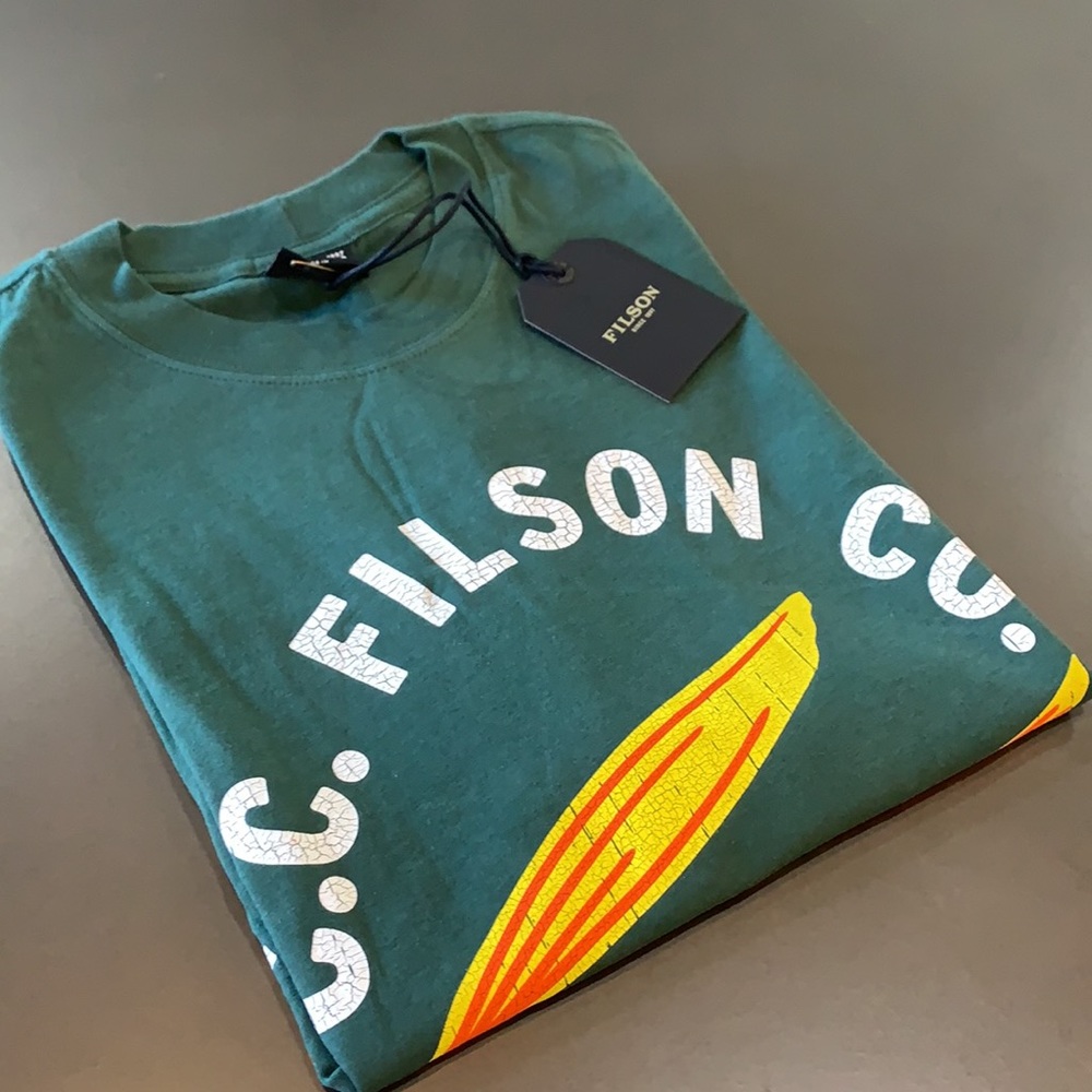 Filson Green Short Sleeve Graphic Tee with Yellow & Red Canoe Graphic